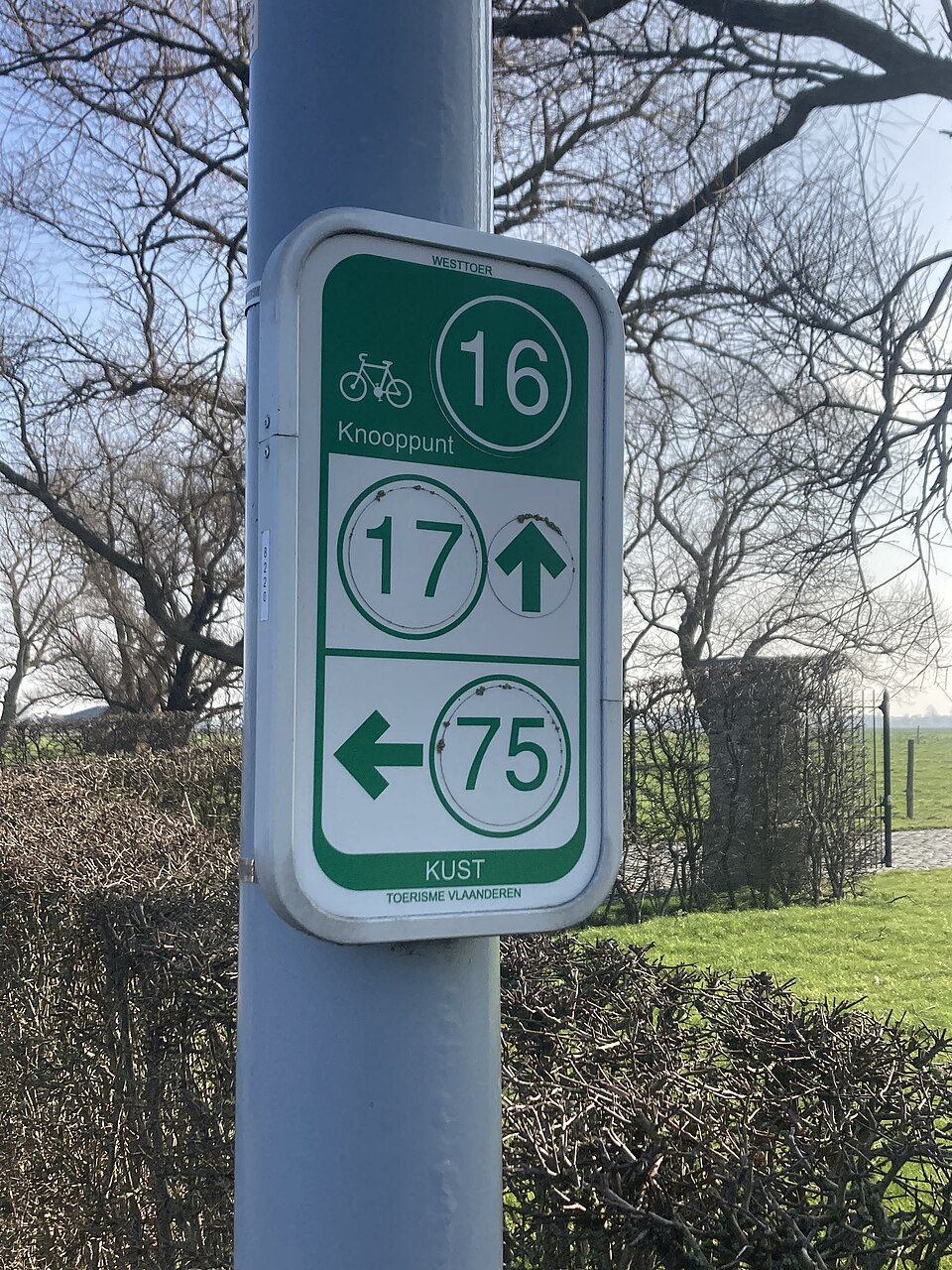 Informatieborden met fietsknooppunten aan de Fleriskothoeve in Leffinge