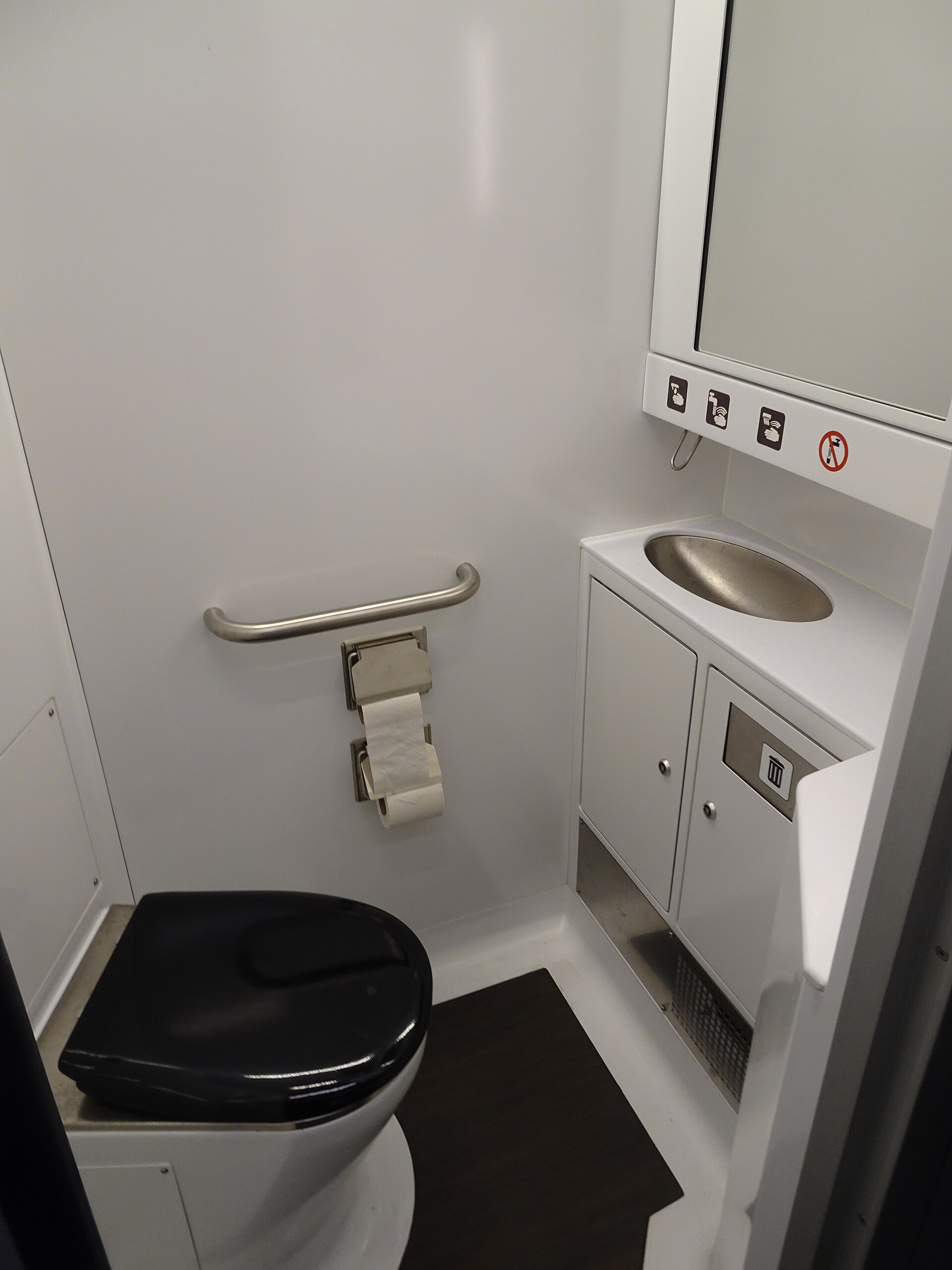 Het toilet in een M7-rijtuig: witte wanden, een roestvrijstalen wasbakje, een beugel en een dubbele papierhouder