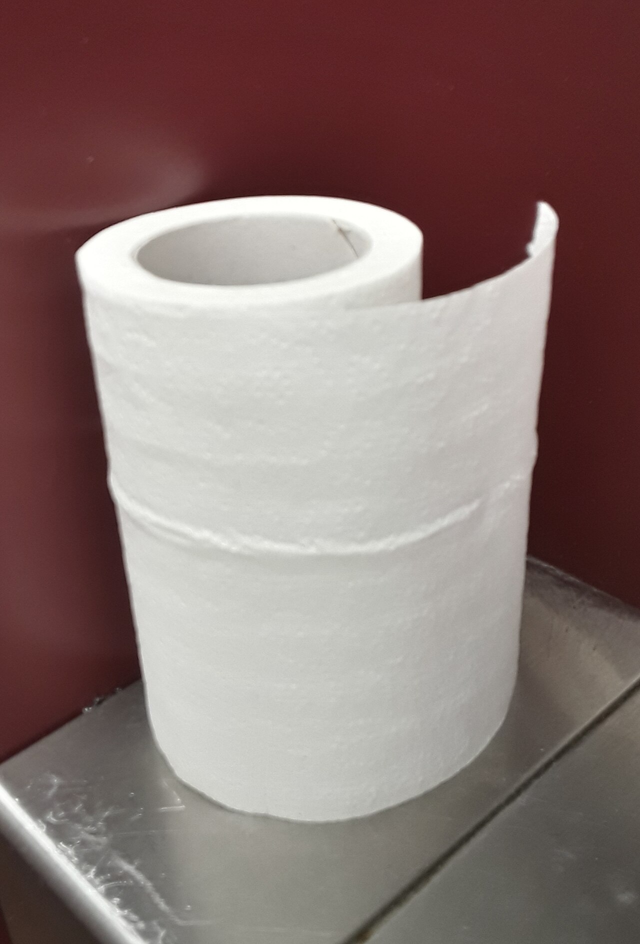 Een rol wc-papier bovenop een dispenser in een openbaar toilet